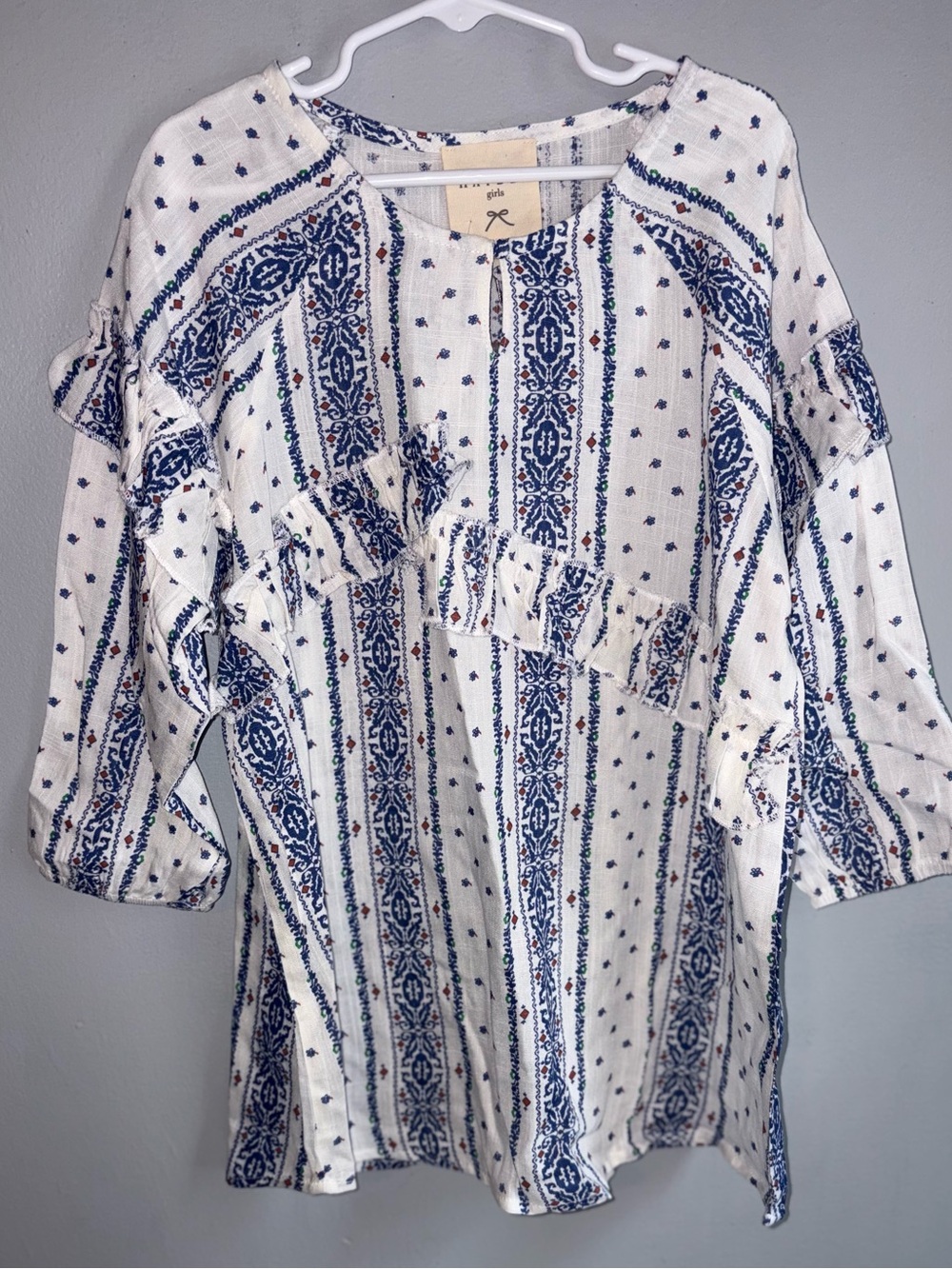 Hayden Girls White and Blue Striped Ruffle Long Sleeve Top